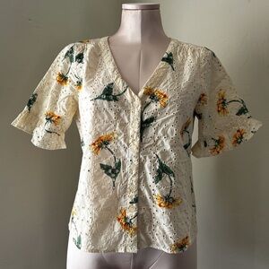 Madewell Ivory Eyelet Blouse with Sunflower Print